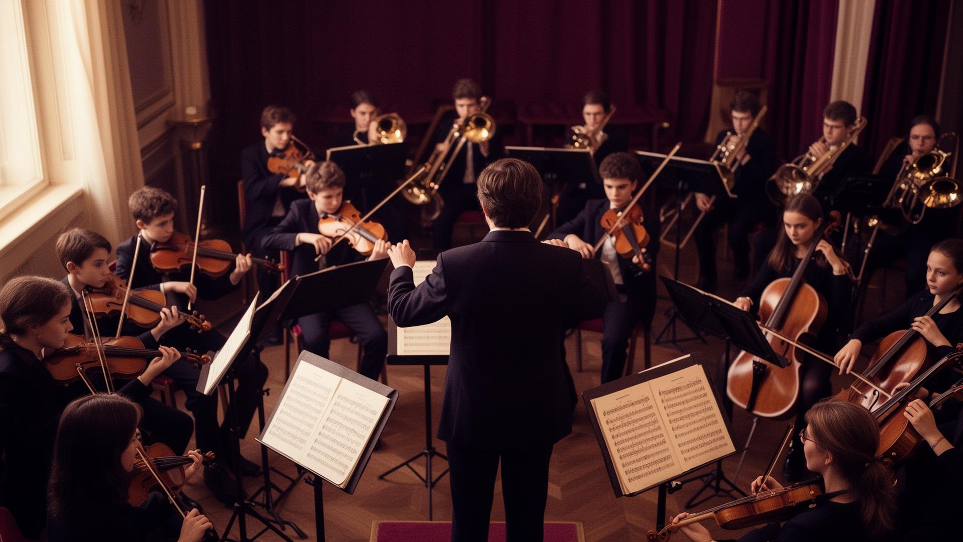 A youth orchestra in rehearsal, viewed from behind the conductor.