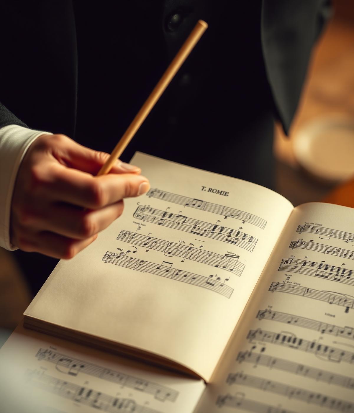 A conductor's hands holding a baton over an open music score.